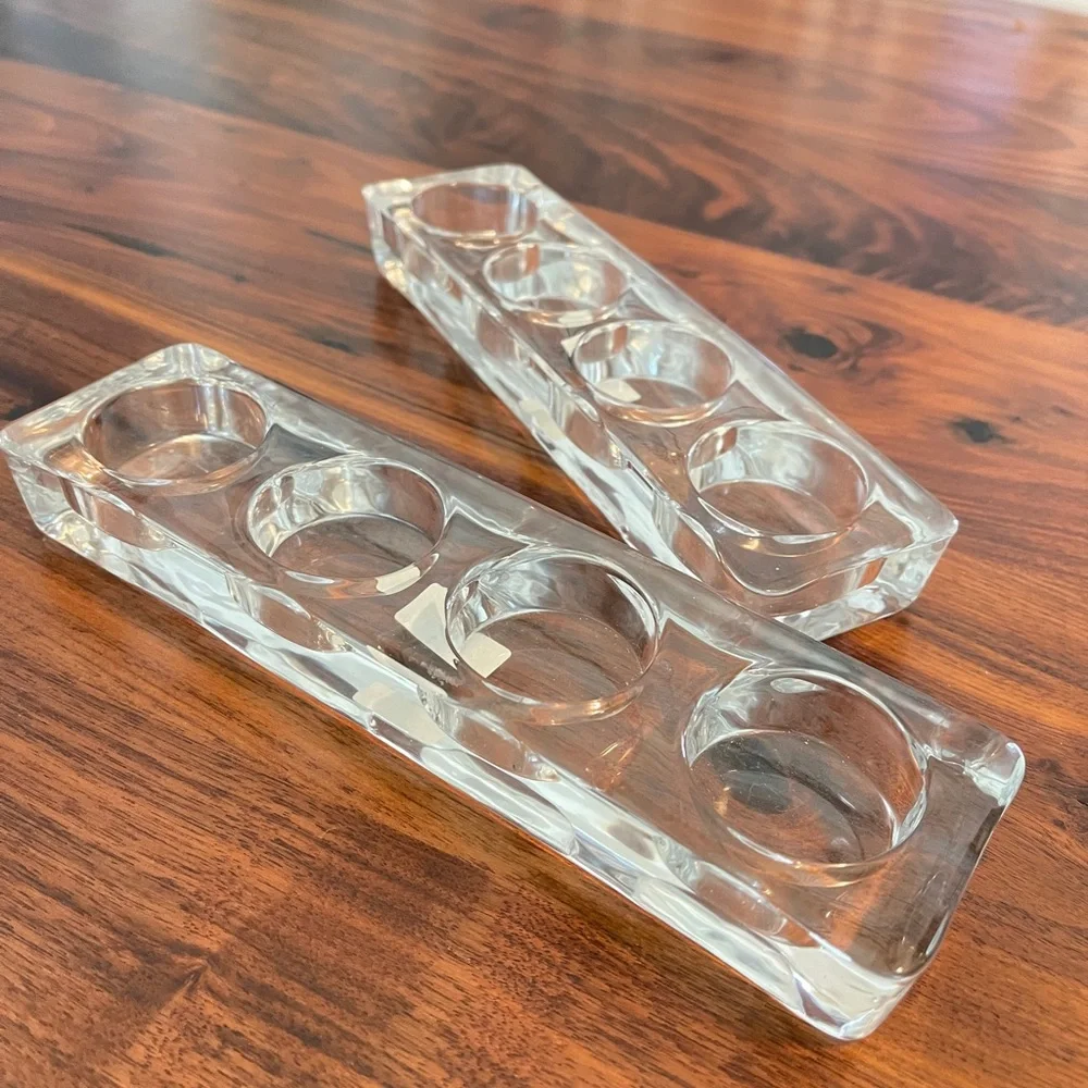 Pair CRATE & BARREL CLEAR HEAVY GLASS 4 VOTIVE BLOCK BAR WEDDING TABLE BANISTER